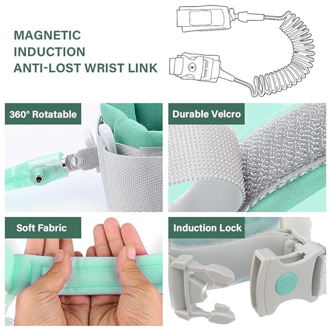 Kids Anti Lost Wrist Link, Children Wrist Traction Rope with Key Lock, Toddler Safety Harness Wrist Leash Baby Walking Wrist Strap, for Outdoor Activities, Travel & Shopping, 2 m/ 6.6 ft (Green)