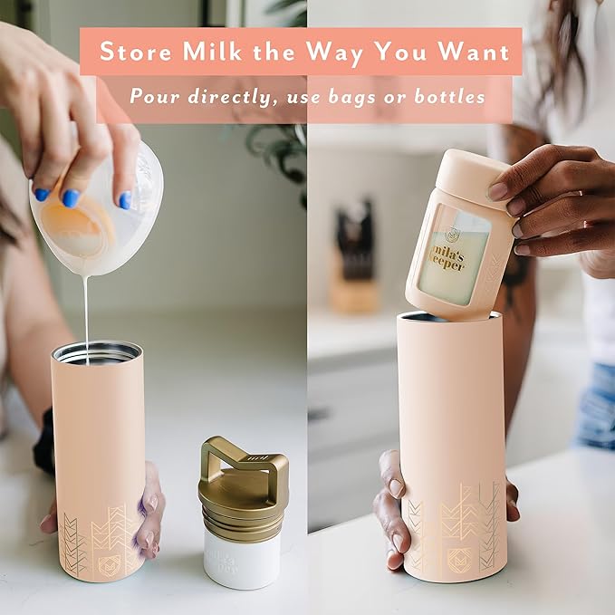 Mila's Keeper Portable Insulated Breast Milk Cooler Set | 20 Hr Storage | Cooler, Breast Milk Storage Bottle & Ice Pack for Travel | Fits Leading Pumps | Wide Neck Pink Sands
