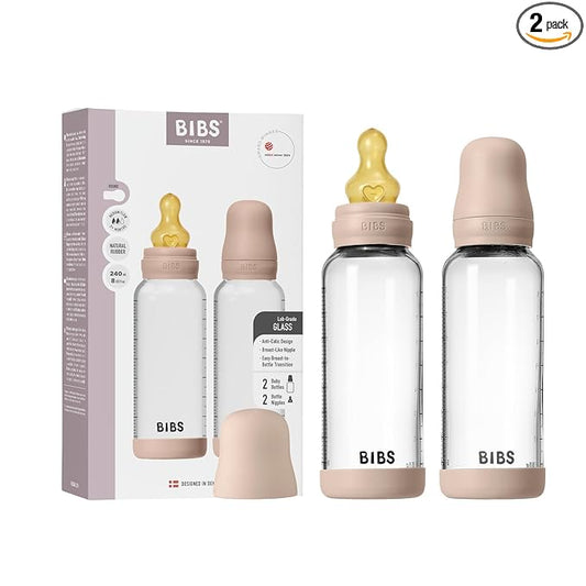 BIBS Glass Baby Bottles 2-Pack, 8.1 Oz. Anti-Colic System for Gas Reduction. Vented Round Natural Rubber Latex Nipple. Supports Infant and Newborn Breastfeeding - 240 ml (Pack of 2), Blush
