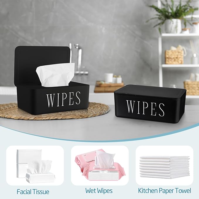 3 Pack Baby Wipes Dispenser Holder Wipe Container for Bathroom with Lid Toilet Tissue Paper Storage Refillable Box for Home Office Cars(Small,Black)