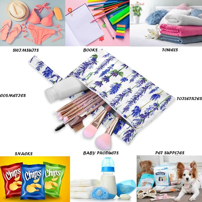 visesunny Purple Lavender Flower 2Pcs Wet Bag with Zippered Pockets Washable Reusable Roomy for Travel,Beach,Pool,Daycare,Stroller,Diapers,Dirty Gym Clothes, Wet Swimsuits, Toiletries
