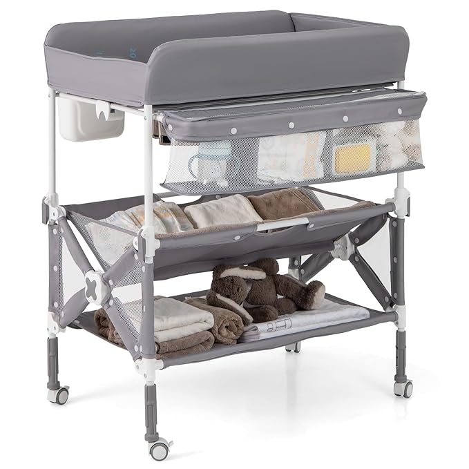 BABY JOY Portable Baby Changing Table, Foldable Waterproof Diaper Changing Station w/Wheels, Adjustable Height, Storage Basket, Shelves & Trash Bin, Mobile Nursery Organizer for Newborn Infant, Gray