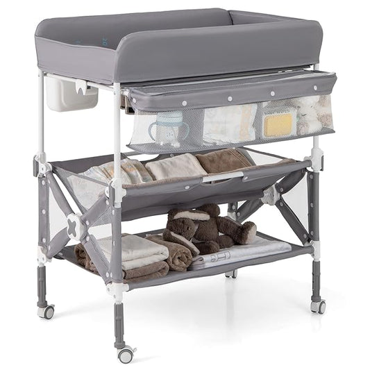 BABY JOY Portable Baby Changing Table, Foldable Waterproof Diaper Changing Station w/Wheels, Adjustable Height, Storage Basket, Shelves & Trash Bin, Mobile Nursery Organizer for Newborn Infant, Gray