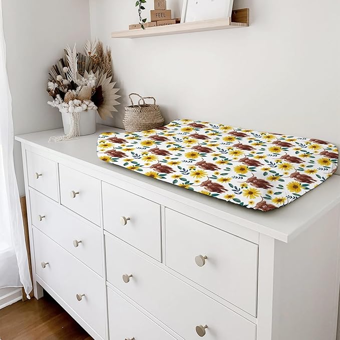 Highland Cows Boho Sunflowers Changing Pad Cover Cute Yak Floral Diaper Changing Table Cover Sheets for Boys Girls Soft Breathable Stretchy Fitted Changing Table Mats 32''x16''