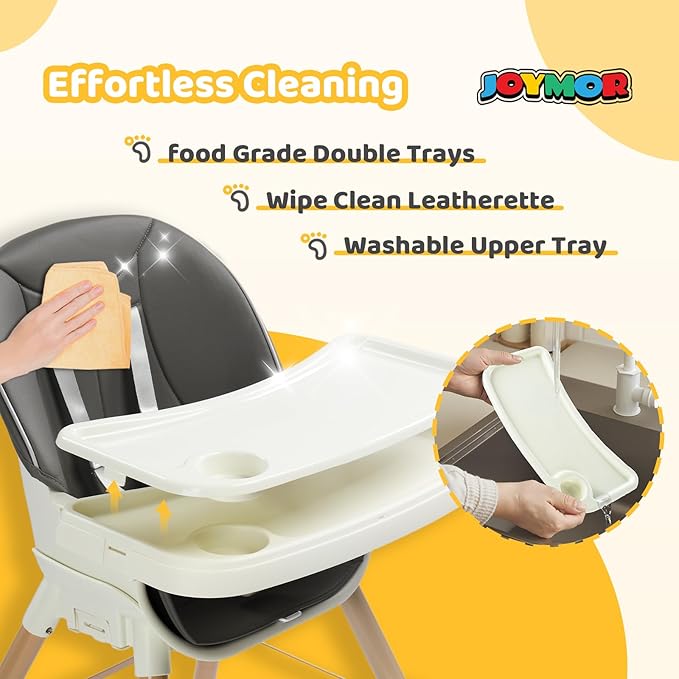 JOYMOR 5 in 1 Convertible Baby High Chair, Highchair for Babies and Toddlers, Easy Clean, Infant Highchair with Removable Double Tray & 5-Point Harness (Gray)