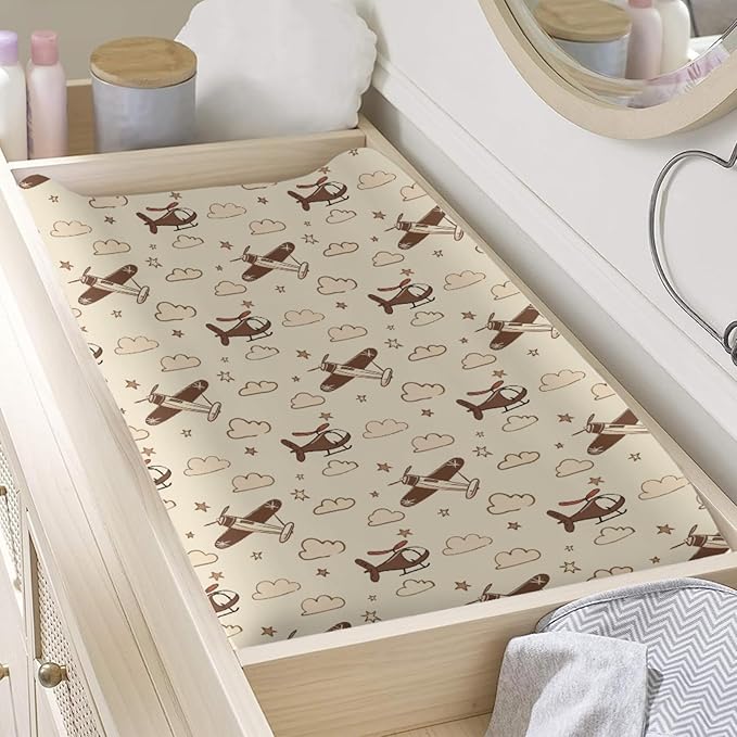 Cartoon Helicopter Aircraft Clouds Stars Pattern Baby Changing Pad Cover, Unisex Plane Nursery Diaper Changing Table Pad Mat Sheet for Boys Girls-16x32