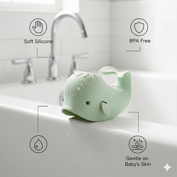 Bath Spout Cover for Bathtub - Protects Baby from Bumping Head During Bathing Time Baby Faucet Cover Universal Faucet Protective Cover Whale Design (Sage Green)