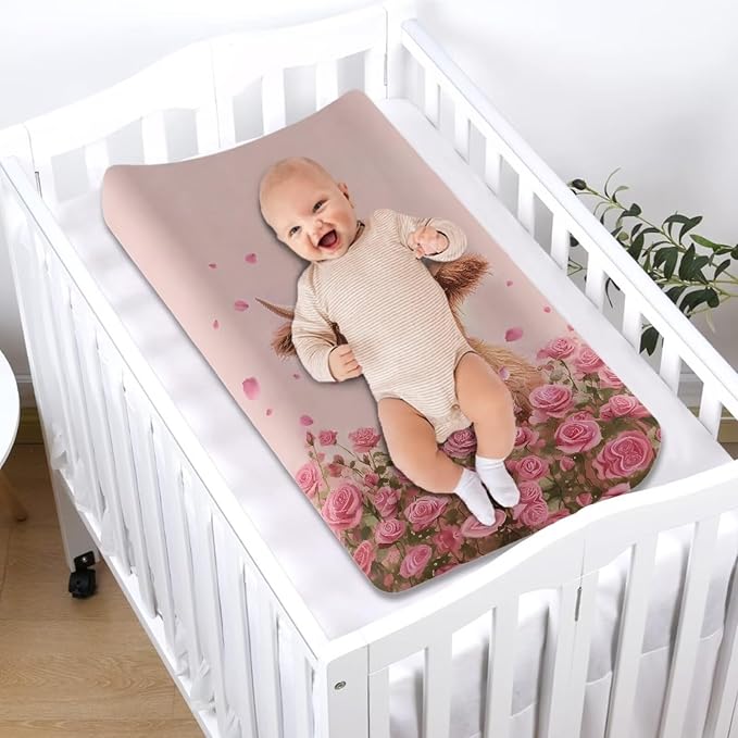 Valentines Day Changing Pad Cover Highland Cow Rose Flower Diaper Changing Mat Cover Sheets for Newborn Boys Soft Breathable Nursery Changing Table Sheets 32x16 Inch