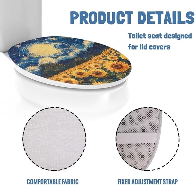 Starry Night Sunflower Toilet Cover Elastic Edges Seat Covers Soft and Breathable Toilet Lid Covers for Bathroom Fits Most Toilet Lids Covers，Oil Painting Bathroom Decoration