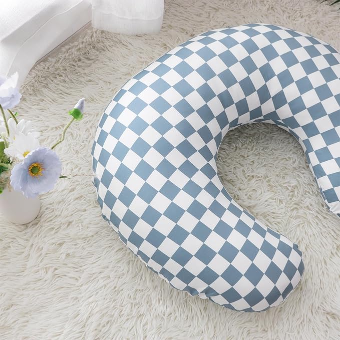 DILIMI Nursing Pillow Cover, Stretchy Removable Case for Breastfeeding Pillows, Ultra Soft Comfortable Slipcover for Baby Girl and Boy, Blue Checkerboard