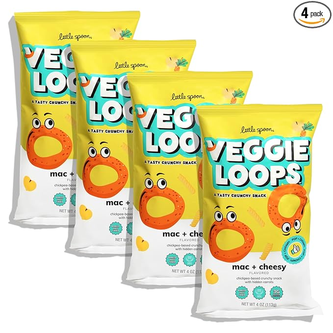 Little Spoon Mac and Cheesy Veggie Loops, Chickpea and Carrot Snack, Baked Not Fried, Avocado Oil, Hidden Veggies, Tastier Snacks for Kids, 3g Protein, Gluten-Free, 4 Pack