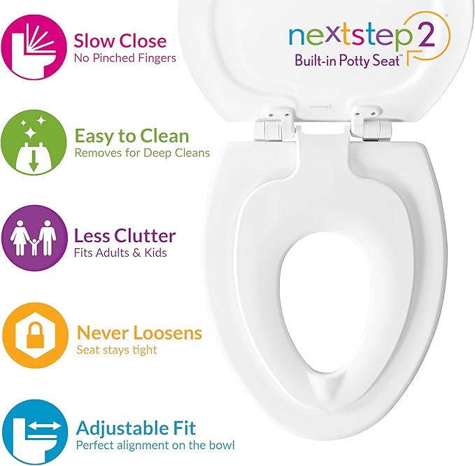 Mayfair NextStep2 Toilet Seat with Built-In Toddler Potty Training Seat, Slow Close, Easy Clean, Magnetic Removable Kids Seat, ROUND, Biscuit