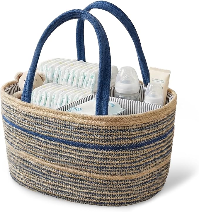 ZOES HOMEWARE Sapphire Blue Diaper Caddy Organizer, Jute Woven Baby Basket, Baby Caddy Nursery Storage Organizer, Shower Gifts for Newborn, Hand Woven Crafted (Brown&Blue),14.2"x 8.7"x7.1”