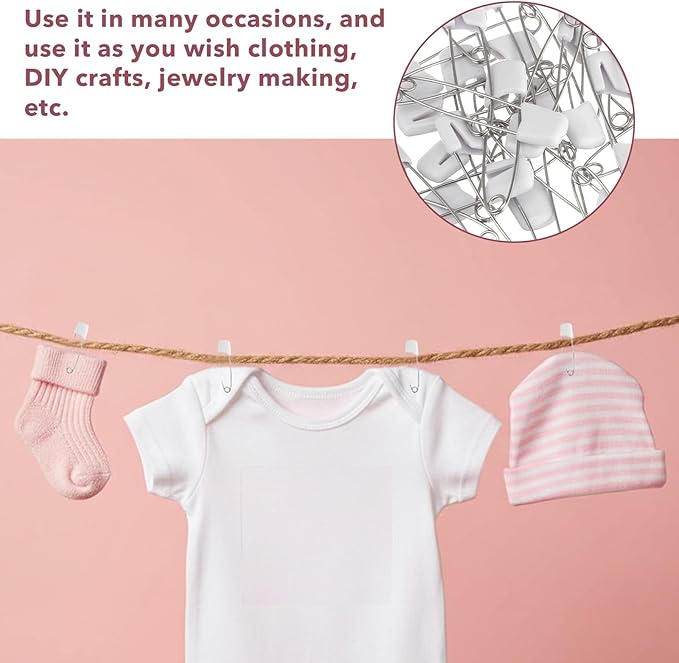 TIESOME 70 Pieces Diaper Pins, Diaper Safety Pin, 2.2 Inch Stainless Steel Diapers Pins for Cloth Diapers, with Plastic Safety Heads and Locking Closures, (White)