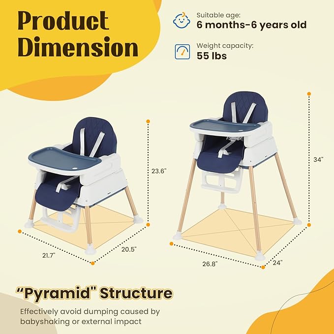 5-in-1 Baby High Chair, Convertible Booster & Play Chair, Portable Foldable Lightweight, Easy to Clean with Tray, for Babies Toddlers 6-36 Months, Blue