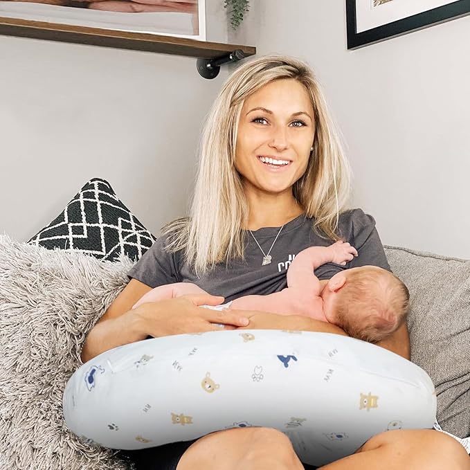 Nursing Pillow Cover(Only Pillowcase) Soft Cotton Removable Cover for Breastfeeding Pillows, Ultra Comfortable Breathable Slipcover for Newborn Baby Girl and Boy (Blue Bear)