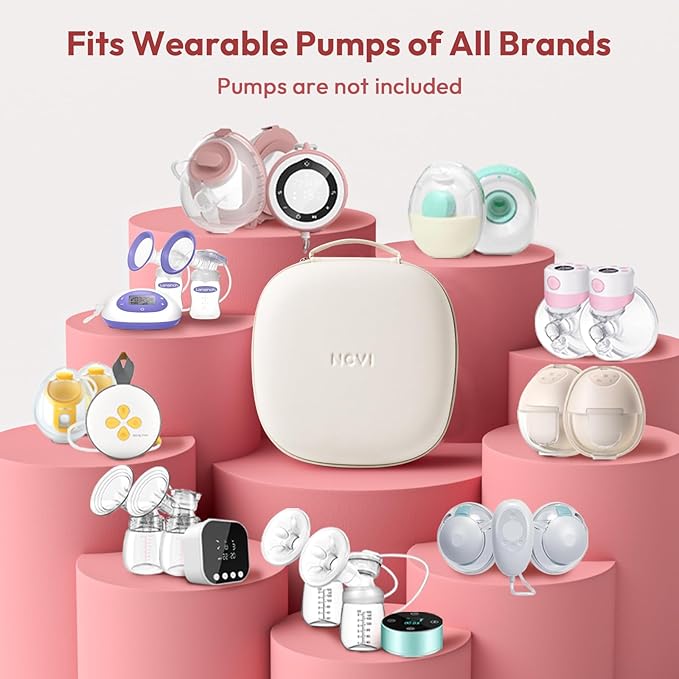 NCVI Breast Pump Carrying Case for Pump Parts and Bottles, Portable Wearable Pump Travel Bag Organizer for Working Moms, Durability Hard Shell, Interior with 3 Compartments through Mesh Bag, Beige