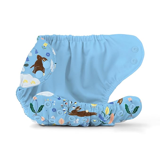 Esembly Cloth Diaper Cover - Reusable Swim Diaper, Waterproof, Breathable - Adjustable Outer Layer Over Absorbent Inner for Blowout Protection - Bunnies, Size 1 (7-17 lbs)