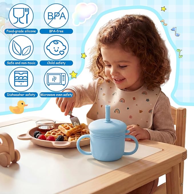 8 oz 3 in 1 Silicone Baby Sippy Cups & Snack Cups with Lid Straw for Toddlers 1-3 Spill Proof Stainless Steel Snack Containers Food Catcher for Baby Toddler Drinking Training(Blue)