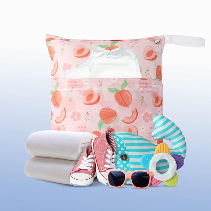 Frienda 4 Pieces Cloth Diaper Wet Dry Bag, Waterproof Reusable Washable Bag for Baby Items and Travel Zippered Pockets with Handle, Beach, Swimsuit, Dirty Gym Clothes and Toiletries(Fruit)