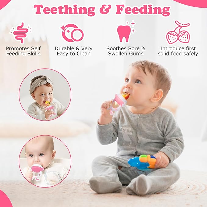 Baby Fruit Feeder Pacifier - 6 Pack | 2 Infant Food Feeder Pacifier & 2 Baby Food Dispensing Spoon | Fresh Fruit Teethers for Babies | Silicone Feeder Babies,Infant Teething Feeders -Pink