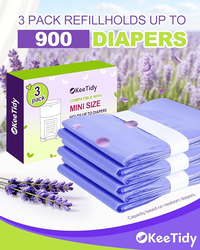 Diaper Bags Disposable Compatible with DEKOR MINI Diaper Pails, 20% Extra Length Diaper Trash Bags with Lavender Flavor, Holds up to 900 Diapers, 3 Pack