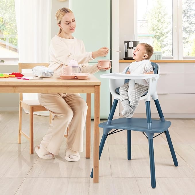 HONEY JOY 5-in-1 High Chair, Convertible Highchair for Babies and Toddlers/Kids Chair Table Set/Infant Feeding Chair w/Safety Harness, PU Leather Cushion & Removable Food Tray (Blue)