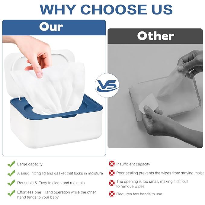 2Pcs Wipe Dispenser, Reusable Baby Wipe Holder Refillable Wipes Container, Easy Open & Close Wipes Pouch Case with Lid for Bathroom Baby Nursery Kitchen Office Travel (Blue/Orange)