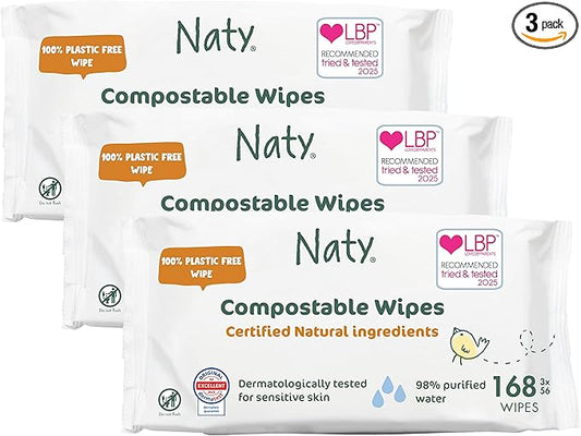 Naty Baby Wipes | 98% Water, Hypoallergenic & Natural for Sensitive Skin | Unscented, Plant-Based, Fragrance-Free | Plastic-Free & Compostable | Newborn & Toddler Diaper Wipes | 168 Count (3 Packs)