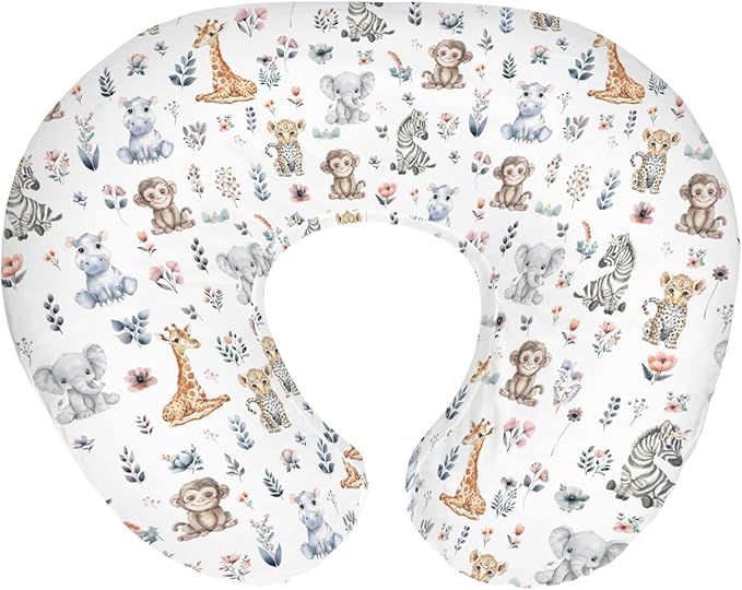 Safari Jungle Animals Floral Baby Nursing Pillow Covers for Boy Girl Elephant Leopard Giraffe Hippo Nursing Pillowcase for Breastfeeding Pillows Tropical Safari Soft Stretchy Slipcovers for Newborn