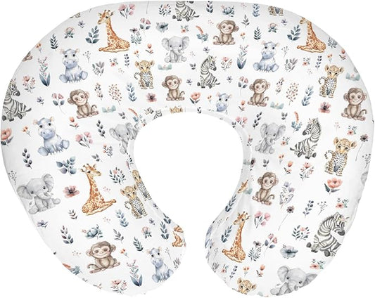 Safari Jungle Animals Floral Baby Nursing Pillow Covers for Boy Girl Elephant Leopard Giraffe Hippo Nursing Pillowcase for Breastfeeding Pillows Tropical Safari Soft Stretchy Slipcovers for Newborn