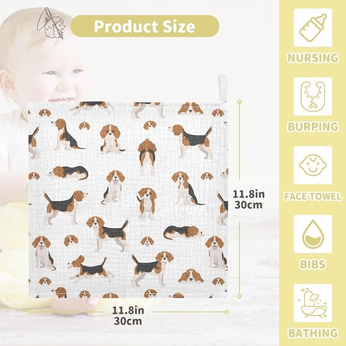 vvfelixl Baby Cotton Washcloths Beagle Dog Infants Bath Towel for Unisex Puppy Face Towels for Newborn, Natural Baby Wipes Delicate Skin, 11.8 X 11.8 inch, one sizex3