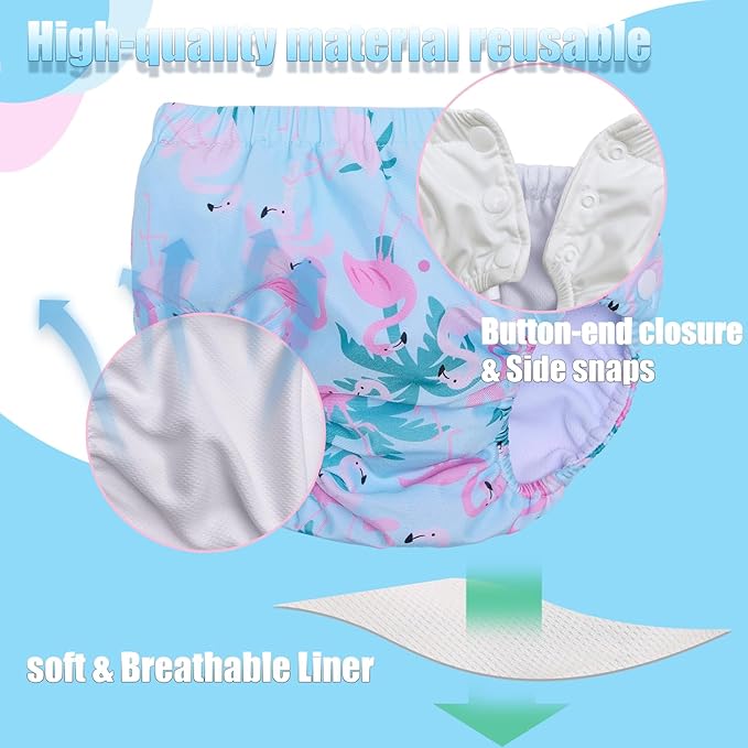 2 Pack Baby Newborn Reusable Swim Diapers Washable Toddler Unisex Swim Diaper Infant Swimming Diapers Pink Strawberry& Flamingo, 0-3 Months