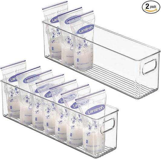 mDesign Plastic Long Stackable Storage Organizer Container, Organization Bin w/Handles for Kitchen, Pantry, Fridge, Freezer, Cabinet, Perfect to Hold Breast Milk - Ligne Collection - 2 Pack, Clear