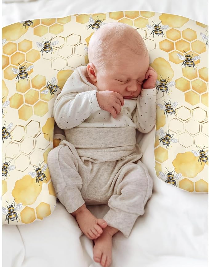 Honeycomb Bees Baby Nursing Pillow Covers for Boy Girl Yellow Bee Honey Nursing Pillow Slipcovers for Breastfeeding Pillows Spring Summer Soft Stretchy Removable Covers for Newborn Infant