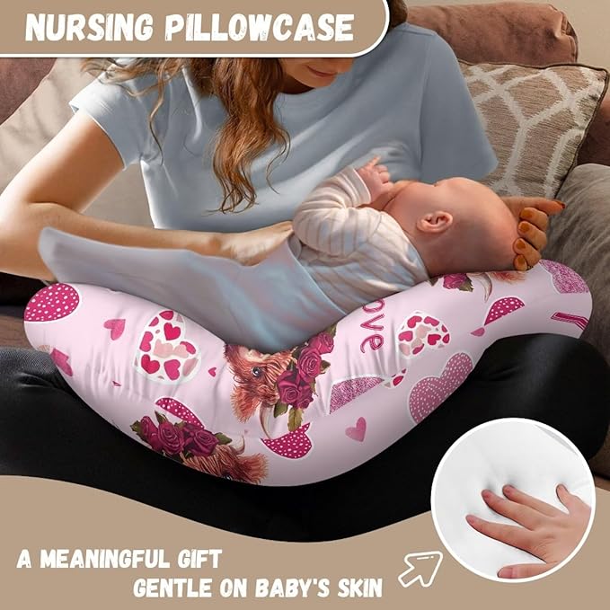 Pink Cute Cow Heart Valentine's Day Baby Nursing Pillow Cover Baby Breastfeeding Slipcover Infant Newborn Nursery Bottle Pillowcase Stretchy Replaceable Pillow Cover Slipcover
