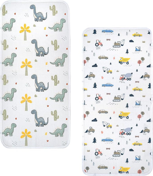 haakaa Waterproof Changing Pad Liners, 100% Cotton, Soft & Breathable (2pcs, 13" x 27.5" Construction Crew+Dino Land)