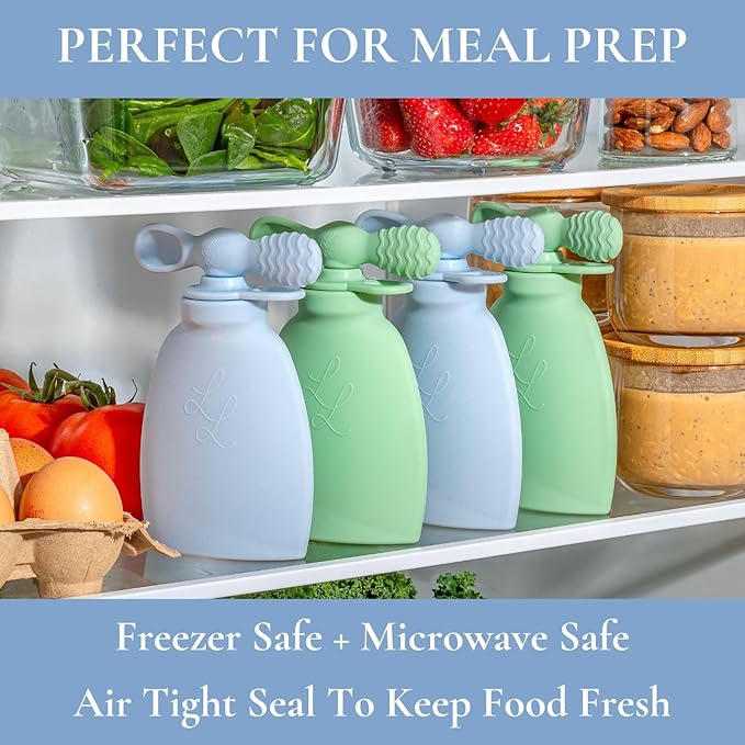 Nontoxic Reusable Baby Food Pouches - Premium Food Grade Silicone - BPA & PFAS Free - Leak-Proof Design - Easy to Clean and Dishwasher Safe (Blue)