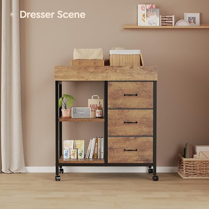 YeTom Changing Table Dresser, Baby Dresser with 3 Fabric Drawers and 2 Shelves, Multi-Functional Baby Changing Table with Pad, Classic Nursery Dresser, Diaper Changing Station, Rustic Brown