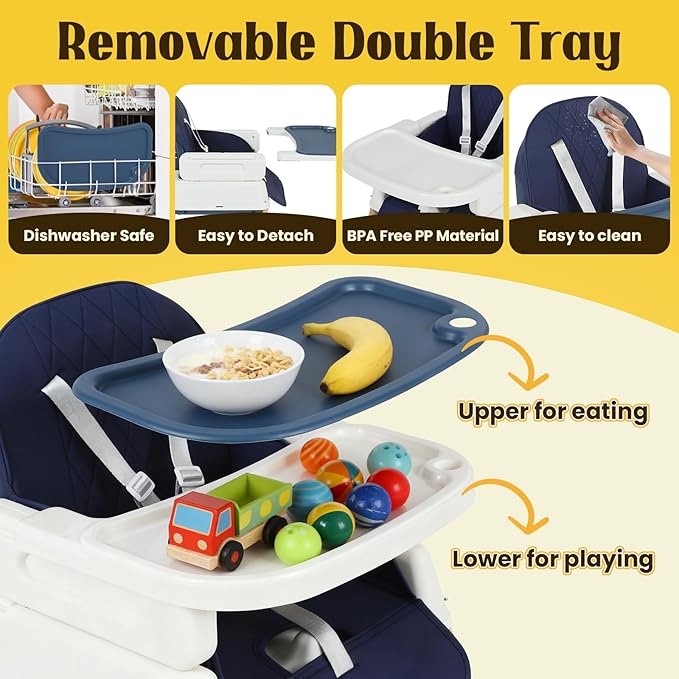 5-in-1 Baby High Chair, Convertible Booster & Play Chair, Portable Foldable Lightweight, Easy to Clean with Tray, for Babies Toddlers 6-36 Months, Blue