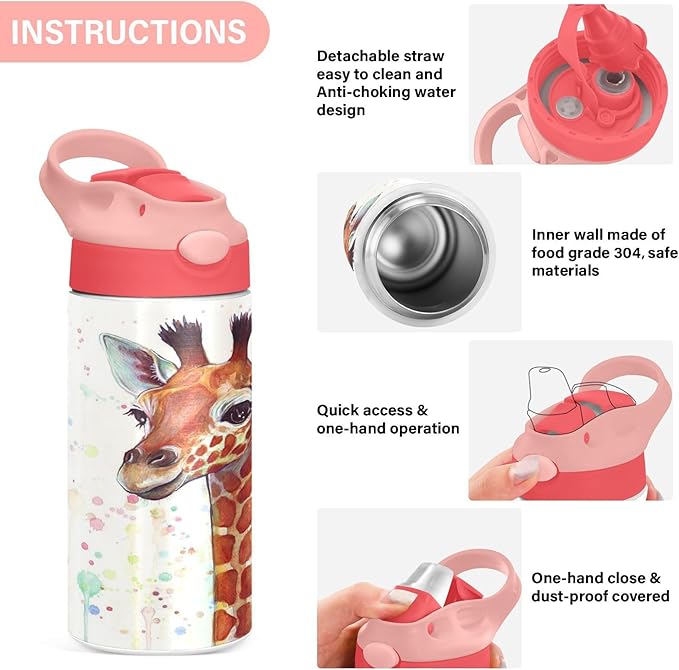 Giraffe Kids Water Bottle with Straw and Carry Handle Cute Animals Vacuum Insulated Stainless Steel Bottles Leak-Proof for Boys Girls Toddler 12 oz Pink Lid
