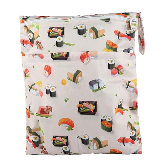 Wet Dry Bag Baby Cloth Diaper Nappy Reusable Washable With Two Zippered Pockets (Sushi Mushroom)