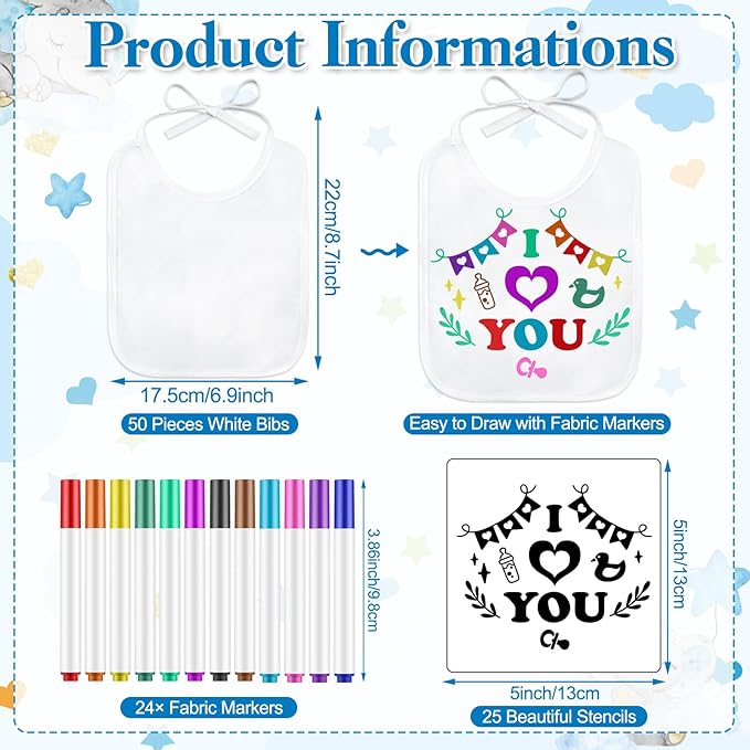 Panitay 100 Pcs DIY Baby Bibs Decorating Kit 50 White Bibs 25 Stencils 24 Markers 1 Baby Shower Game Sign