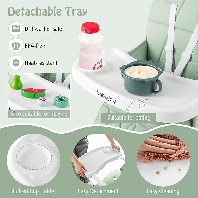 BABY JOY Foldable High Chair, Portable Highchairs for Babies and Toddlers with 3-Position Adjustable Tray & Footrest, Removable Seat Cushion, 5-Point Safety Harness, Space Saving Design (Green)