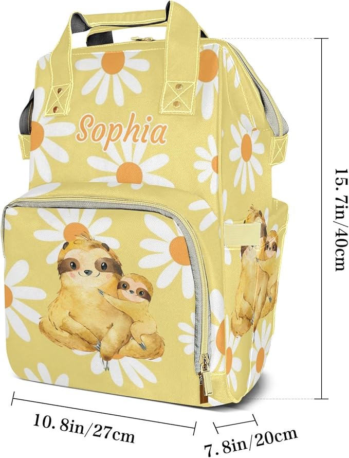 Sloth White Daisy Cute Diaper Bag Baby Nappy Bag Daughter Multi-Function Custom Baby Bag Picnic Diaper Carrying Bag Unisex Gifts with Name