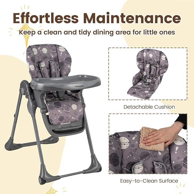 BABY JOY Foldable High Chair, Portable Highchairs for Babied and Toddlers with Adjustable Height, Backrest & Footrest, Double Removable Tray, Built-in Wheels, Baby Feeding Chair for 6-36 Months