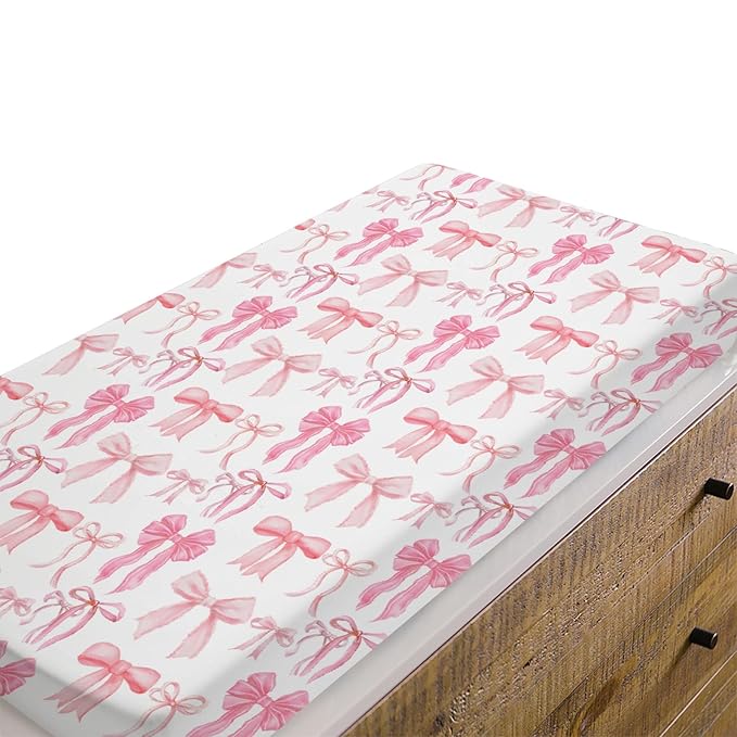 Baby Girls Changing Pad Covers Watercolor Pink Bows, Cute Ribbon Bowknot Safe Snug Fitted Diaper Table Sheet, Soft Breathable Stretchy Change Mat Shower Gift Fit 32 34 x 16