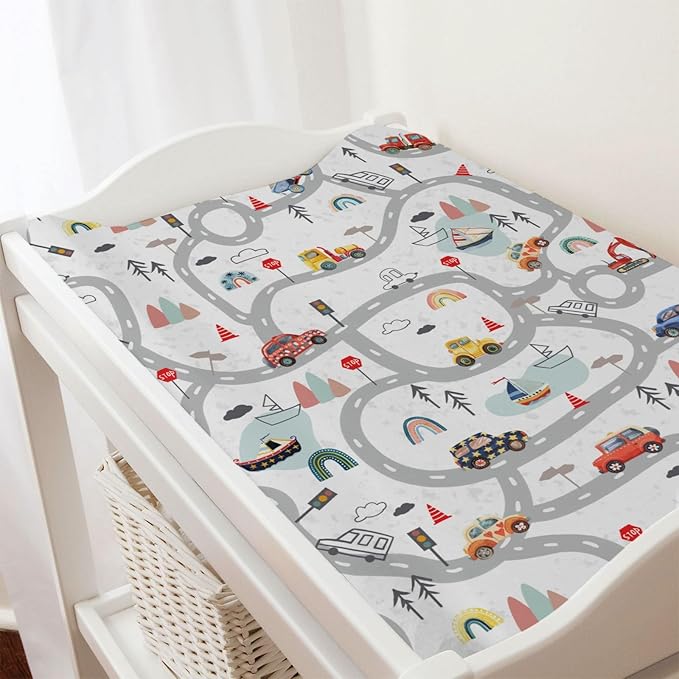 Cartoon Road Car Vehicles Changing Pad Cover City Roadway Truck Boat Mountain Forest Rainbow Diaper Changing Table Cover Sheets for Boy Girl Soft Breathable Stretch Fitted Change Table Mats 32''x16''