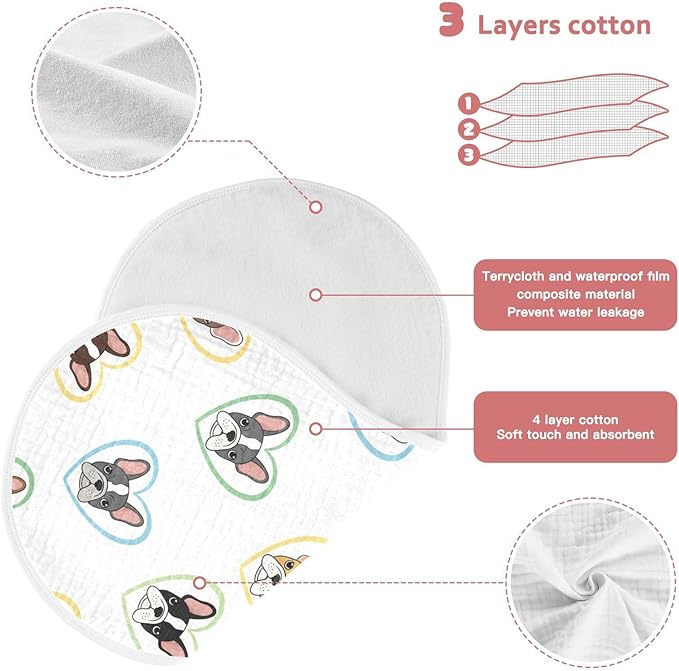 4 Pack Muslin Burp Cloths Bulldog Hearts White Cotton Baby Burp Cloths Ultra Absorbent Soft Thick Burping Cloth for Newborn Babies Boys Girls 22x11 Inch