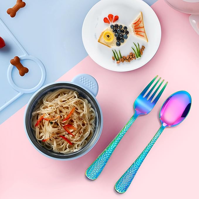 LIANYU 14-Piece Kids Silverware Set, Rainbow Toddler Utensils Flatware Set, Stainless Steel Child Preschooler Cutlery, Includes 7 Spoons and 7 Forks for Kids, Dishwasher Safe